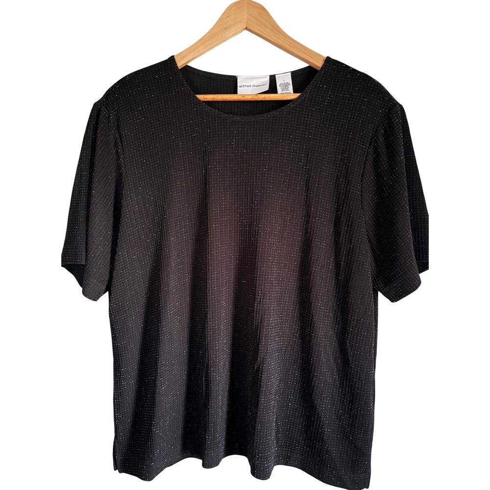 Alfred Dunner Black‎ Metallic Shimmer Ribbed Knit Short Sleeve Top Large